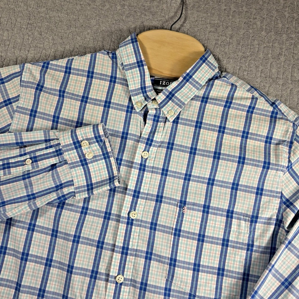 Izod Shirt Mens L Blue Plaid Cotton Button Long Sleeve Premium Essential Spring